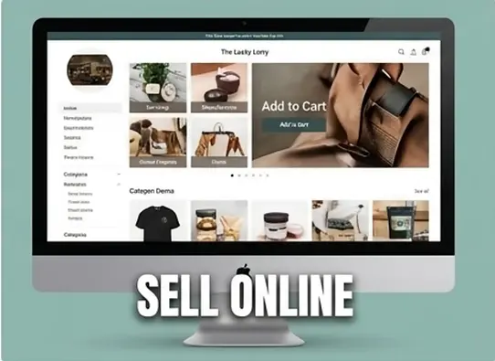 Desktop computer monitor showing an active e-commerce store website layout with a circular text badge reading Sell Online.