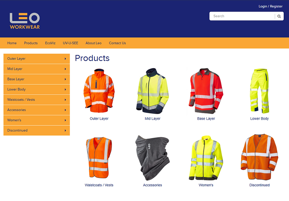 a snapshot of leo workwears product page, showing images of high visibility workwear