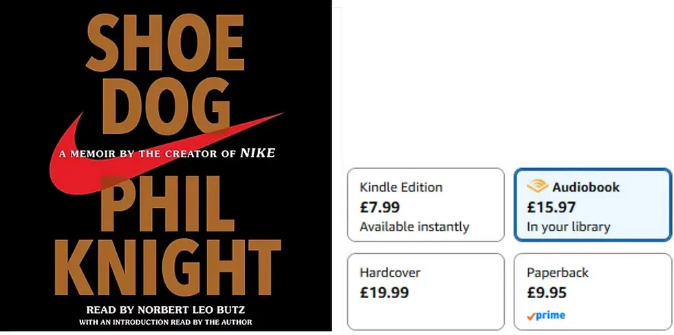 Shoe Dog book cover on black with red Nike swoosh; Amazon format options show Kindle, audiobook, hardcover, and paperback prices.