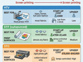 Comparison graphic displaying startup costs, upkeep, and best uses for HTV, outsourced DTF, and DTG garment printing methods.