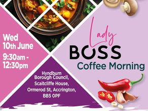 Lady Boss Coffee Morning" on Wednesday 10th June, 9:30am - 12:30pm at Scaitcliffe House, Accrington. Hosted by Hyndburn Borough Council and Kind Communities, the event features a vibrant geometric design with images of a cooked curry dish, fresh tomatoes, mushrooms, and a red chilli.