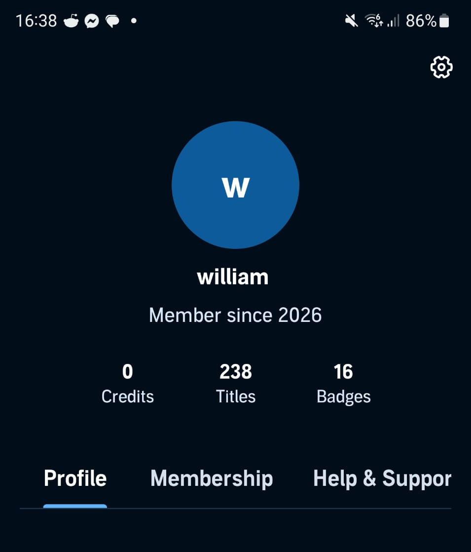 Dark app profile page for william with blue W avatar, member since 2026, 0 credits, 238 titles, and 16 badges.
