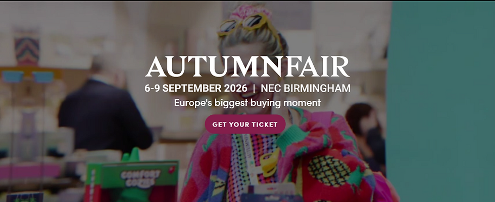 Autumnfair banner with woman in colorful sweater; text reads 6-9 September 2026, NEC Birmingham, Europe’s biggest buying moment, Get Your Ticket