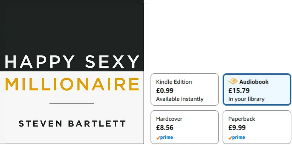 Book cover of Happy Sexy Millionaire by Steven Bartlett beside Amazon format prices for Kindle, audiobook, hardcover, and paperback.