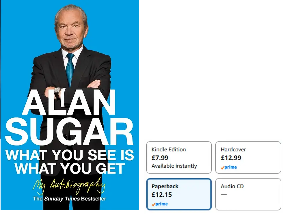 Book cover of Alan Sugar in a suit on blue background, with What You See Is What You Get and Amazon format prices beside it