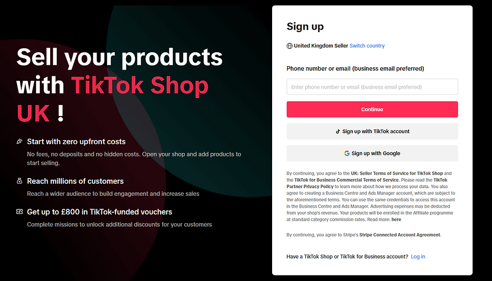 TikTok Shop UK sign-up page with large promo text, benefits, and a form to enter phone or email, plus Continue and social sign-up buttons.