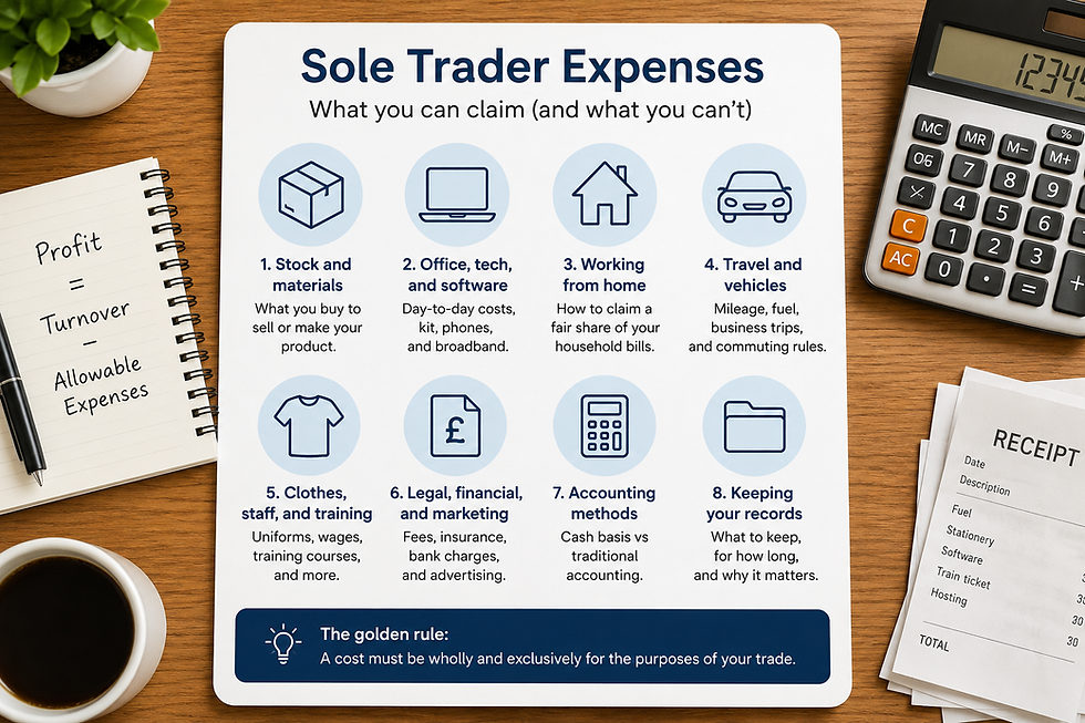 Sole Trader Expenses infographic on a wooden desk, with calculator, notebook, receipts, and coffee beside expense categories.