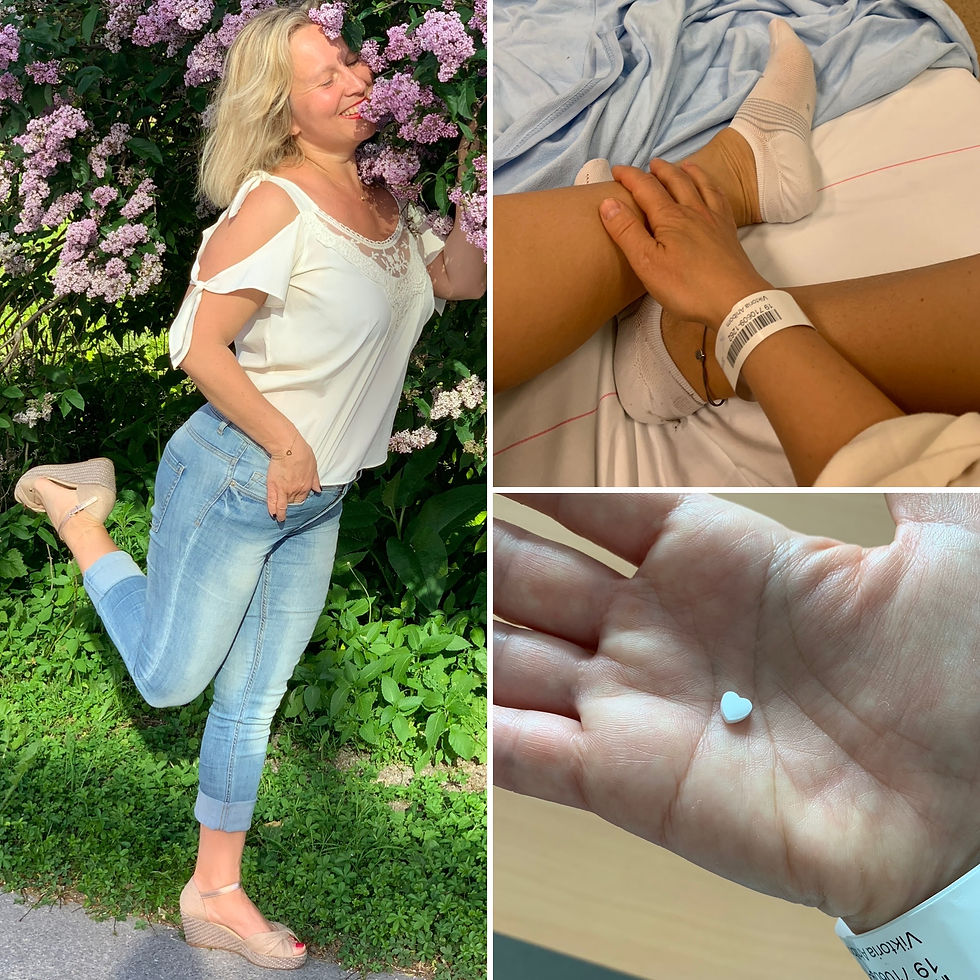 En kollagebild. Viktoria som ler, ett sjukhusarmband och en hjärtformad tablett.