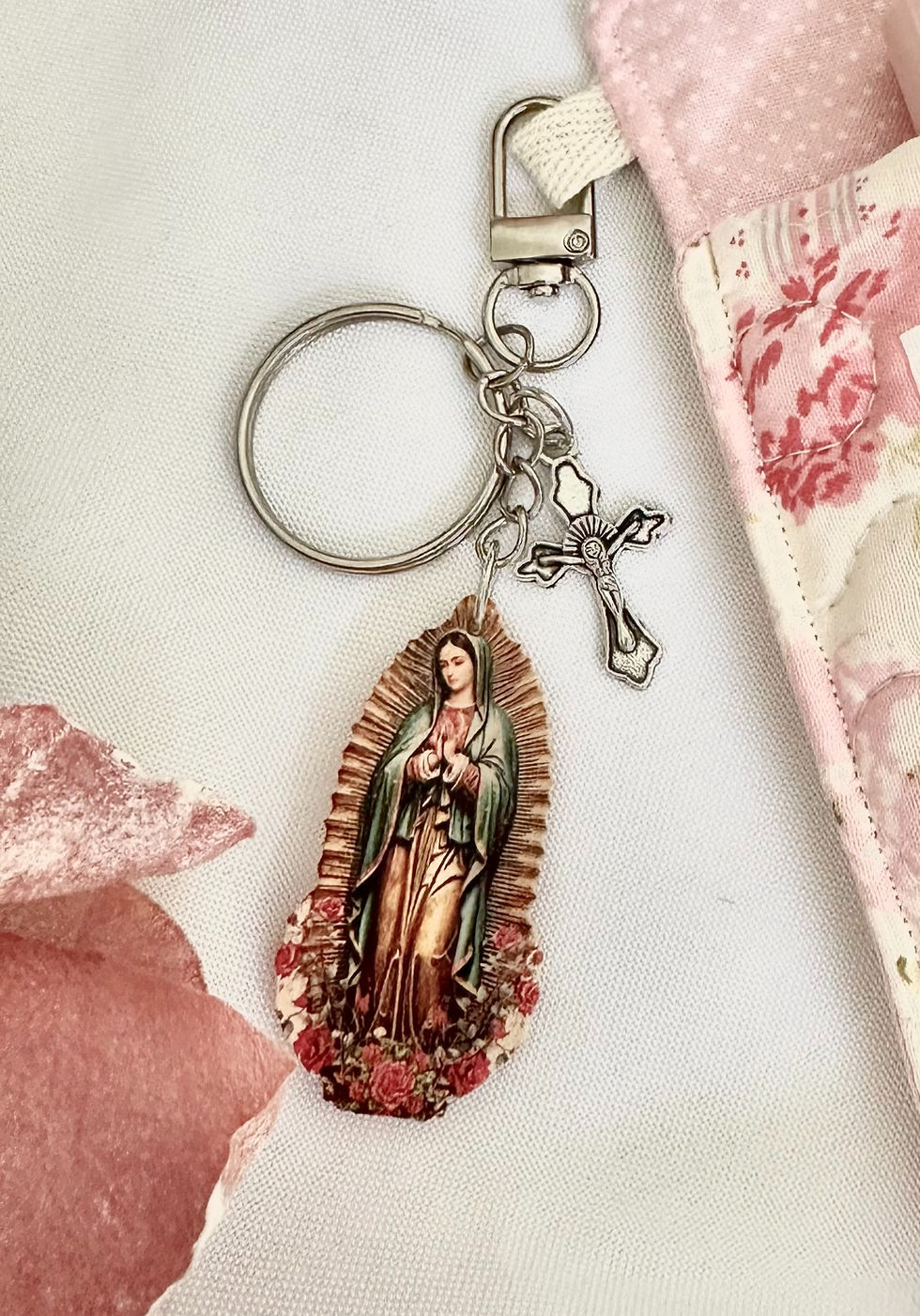 Our Lady of Guadalupe Wooden Charm with Silver-Tone Cross — Our Lady of Guadalupe wooden charm with silver-tone cross and key ring