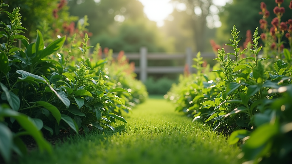 Eye-level view of a lush green garden with diverse plants