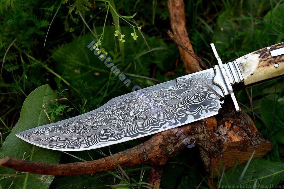 Thumbnail: Damascus Dog Bone Bowie with Stag Handle