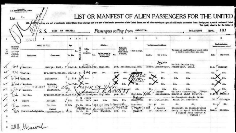 LISTA DE PASSAGEIROS QUE EMBARCARAM NO "THE CITY OF SPARTA". ENTRE ELES, MUKUNDA LAL GOSH (SWAMI YOGANANDA).
