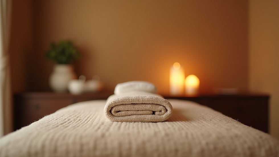 Eye-level view of a calm massage room with soft lighting and Thai decor