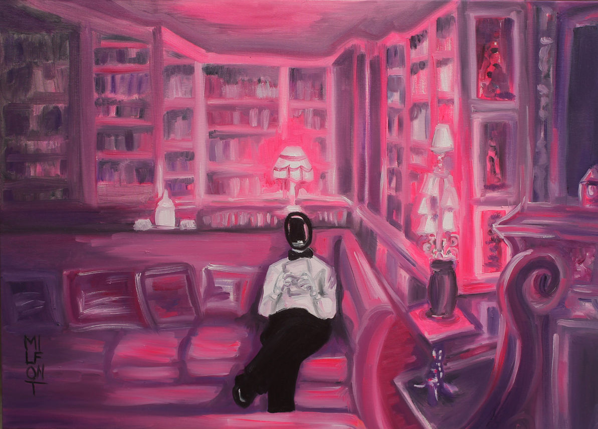 MILFONT
Robotisme Quotidien 
Library |  2023
Óleo sobre tela
50x70 cm
inteligência Artificial
Artificial Intelligence
robots
droids
robôs
lifestyle
 Contraste evolutivo. O robô com vestes elegantes humanas senta-se ao sofá enquanto lê uma carta.Rodeado de livros nos leva. A refletir sobre a máxima de Descartes “penso, logo existo.”  E até que ponto ferramentas podem evoluir à nossa imagem e semelhança. 
A posição que ocupa no canto do sofá indica um desejo de ter um espaço pessoal ou de se isolar ligeiramente do ambiente social, possivelmente para ter um momento de tranquilidade ou introspecção
A carta simboliza comunicação, informação ou um desejo de se expressar. O fato de estar sentado confortavelmente com a perna direita cruzada sobre a esquerda e os braços junto ao corpo indica que sente-se à vontade no ambiente e sugere que ele está em um estado receptivo para receber ou processar essa informação. Sua postura sugere análise e reflexão.

a robot sitting on a couch reading a letter on a library, pink