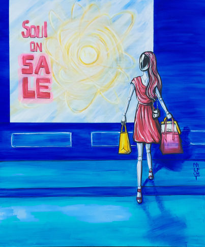 MILFONT
Sales _2021
a robot that went shopping and buy a soul
A personagem robô, vestida em trajes de passeio carrega suas compras ao atravessar a rua. Ao fundo vê-se parte de uma vitrine de loja, que anuncia almas em promoção, e por trás do vidro, dentro da loja, a própria alma, em seu formato energético puro, se movimenta e brilha, iluminando coisas ao redor e projetando uma sobra leve da robô na rua. 
E se um dia pudermos medir, pesar, qualificar e porque não, vender o que chama- mos de Alma. aquele sopro de vida que nos dá a propriedade de chamar-nos seres vivos. Haveriam andróides interessados em comprá-la no intuito de tornar-se mais próximo do humano? 
