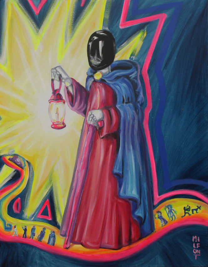 MILFONT
Robotisme Mystique
MILFONT
Robotisme Mystique
Arcano IX
O Eremita   2023
Óleo sobre tela
90 x 70 cm
Artificial Intelligence
robots
droids
robôs
inteligência artificial
tarot
arcano
O eremita  simboliza a busca interior, a introspecção e a sabedoria que vem da solidão e do autoexame. A lanterna representa a luz da sabedoria interior. Ela simboliza a capacidade de iluminar o caminho e descobrir verdades ocultas ou desconhecidas.
O bastão que o Eremita segura é um símbolo de orientação e apoio durante sua jornada de autodescoberta. Ele representa a busca por respostas e direção.
Essa carta sugere a busca pela verdade e pela compreensão mais profunda das coisas.Um convite para questionar crenças e  valores.
A serpente representa a dualidade, pois pode ser venenosa ou não. Sinalizando a necessidade de equilibrar forças opostas na busca de harmonia. É também  um símbolo do ciclo da vida e da morte, de regeneração. Uma transição para uma nova fase da existência. 
Na pele da serpente percebem-se elementos que marcam temporalidade.
Uma narrativa que remonta às nossas origens como seres humanos, à história das técnicas,  da tecnologia e de poder que  continua a moldar o nosso mundo de maneiras profundas e fascinantes. Esta série de elementos ilustra nossa habilidade inata de inovar e criar soluções para os desafios que encontramos ao longo da jornada da civilização.
Que desafios a inteligência artificial nos ajudará a solucionar? 
Que outros desafios criará?