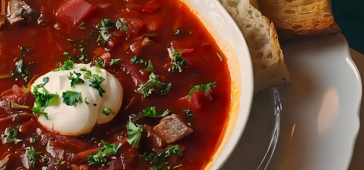 Borscht — Ukrainian beet soup with sour cream and toasted focaccia