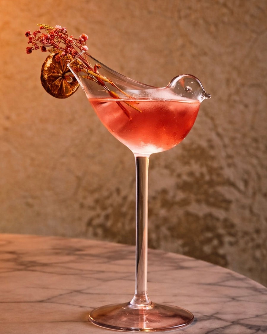 Signature Sorso cocktail — pink prosecco-based drink in a bird-shaped coupe glass on marble