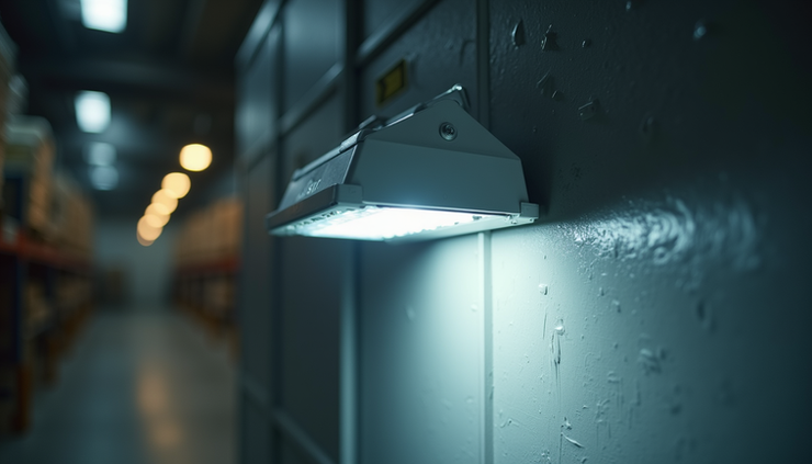 Close-up of emergency lighting fixture installed in a commercial warehouse