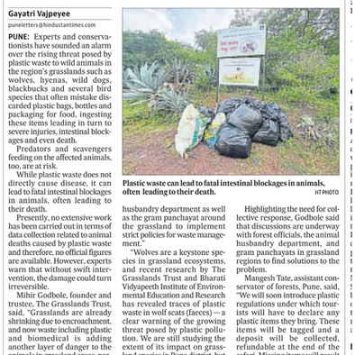 Hindustan Times - Grassland wildlife face threat from plastic waste