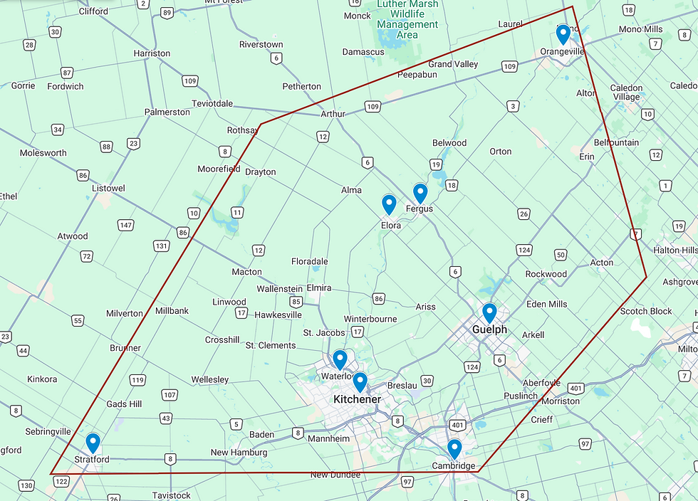 Map showing H3 Electrical’s service areas - Guelph, Cambridge, Kitchener-Waterloo, Stratford, and Orangeville.  