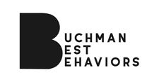 Animated Buchman Best Behavior logo with dog silhouette walking into large B