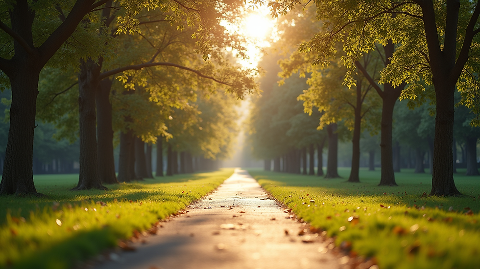 Eye-level view of a serene park with a walking path