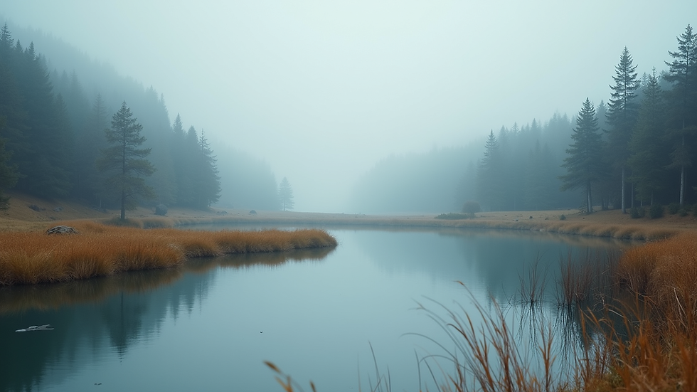 Close-up view of a serene landscape with a calm lake