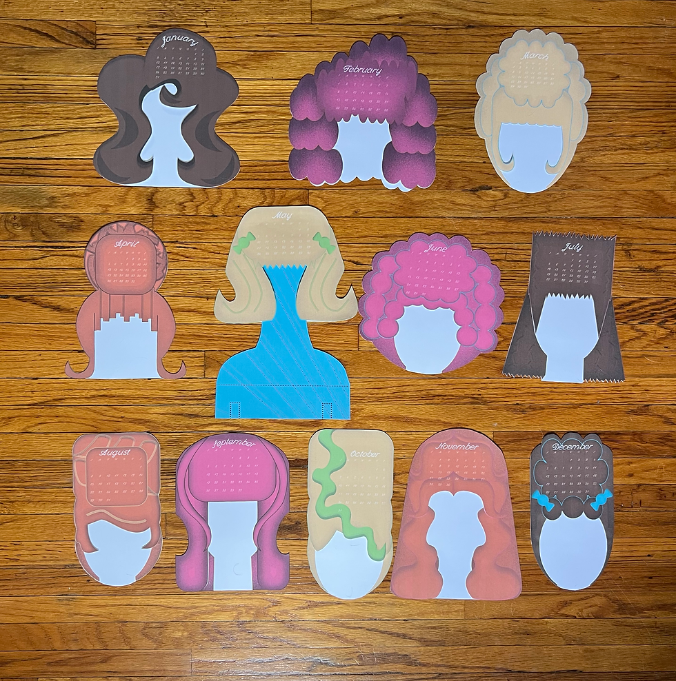 Calendar of wigs flatlay
