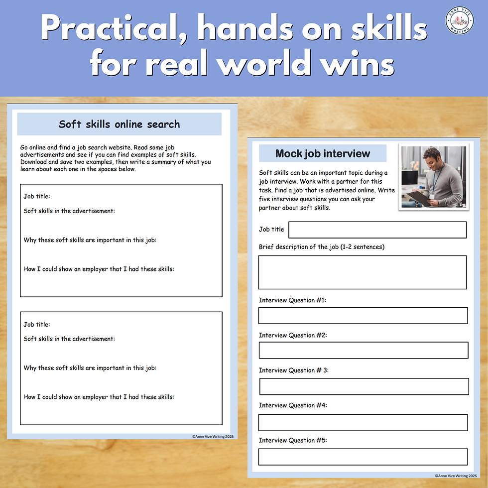 Thumbnail: Two worksheets overlapped with blue heading practical activities on soft skills