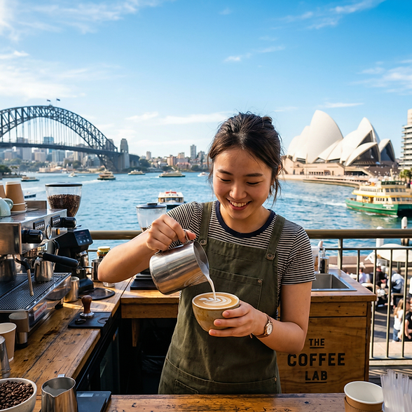 นักเรียนบาริสต้า ชงกาแฟอยู่ที่ซิดนีย์ ออสเตรเลีย