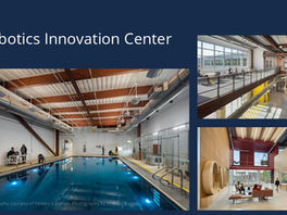 Renderings of the inside of the Robotics Innovation Center include a large shot of a pool filled with water, an airy atrium and a comfortable lobby.