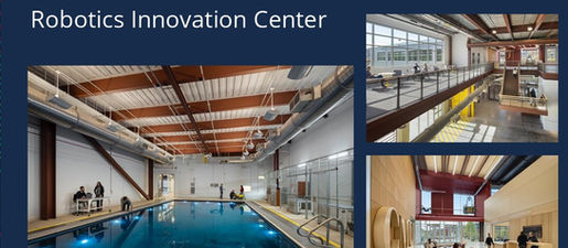 Renderings of the inside of the Robotics Innovation Center include a large shot of a pool filled with water, an airy atrium and a comfortable lobby.