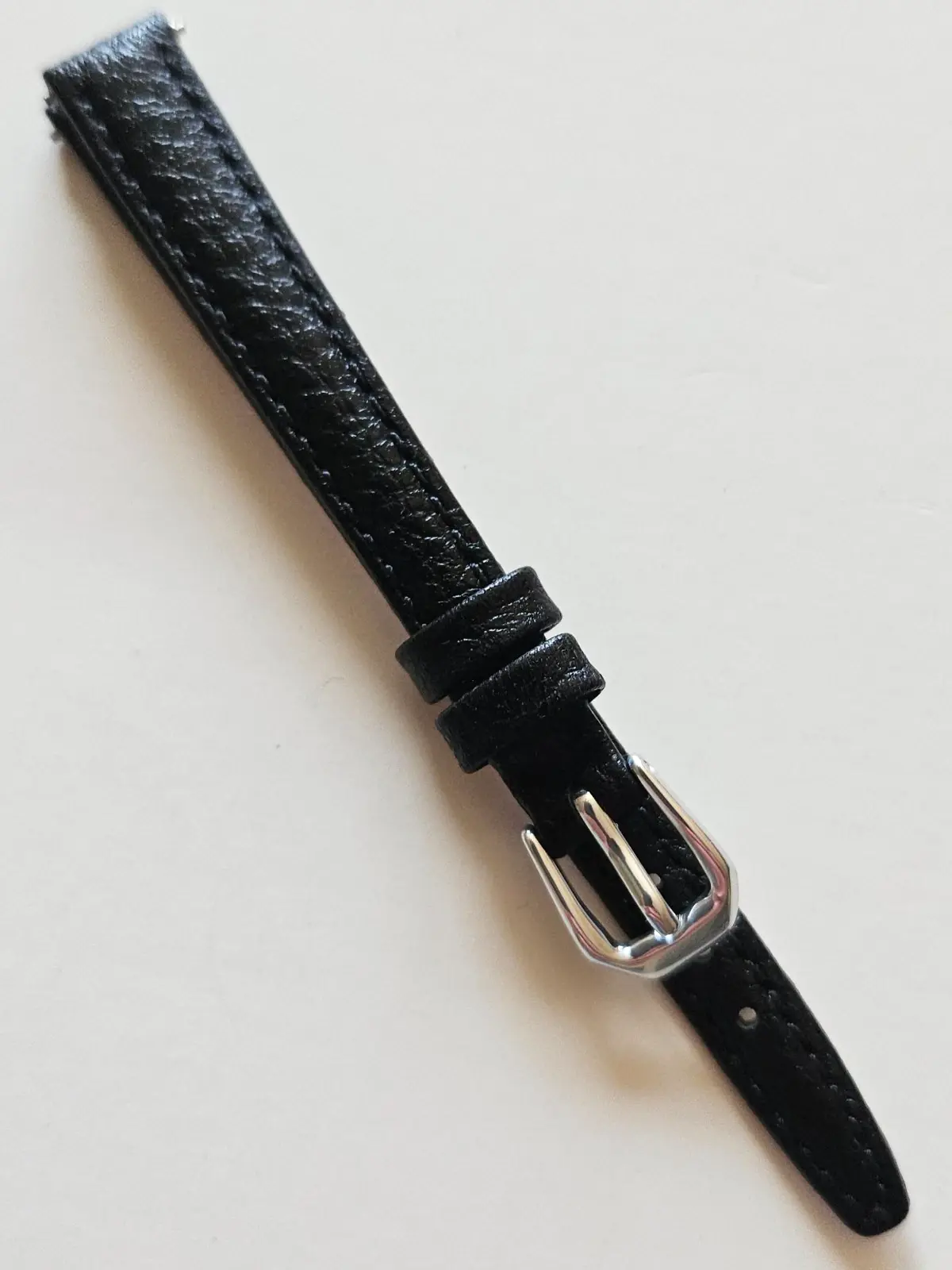 10mm - Black Classic Style Leather Watch Band - Silver Buckle / w Pins (#378)