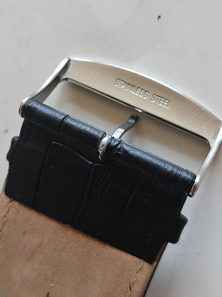 Thumbnail: 34mm - Black Leather Watchband - ( Silver Buckle / Pins Included )