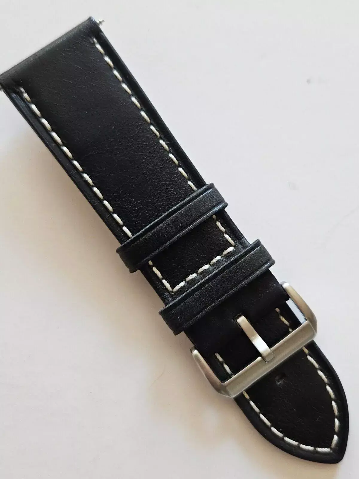 26mm - Black / White Stitches Leather Watch Band - (Chrome Buckle / w Pins)