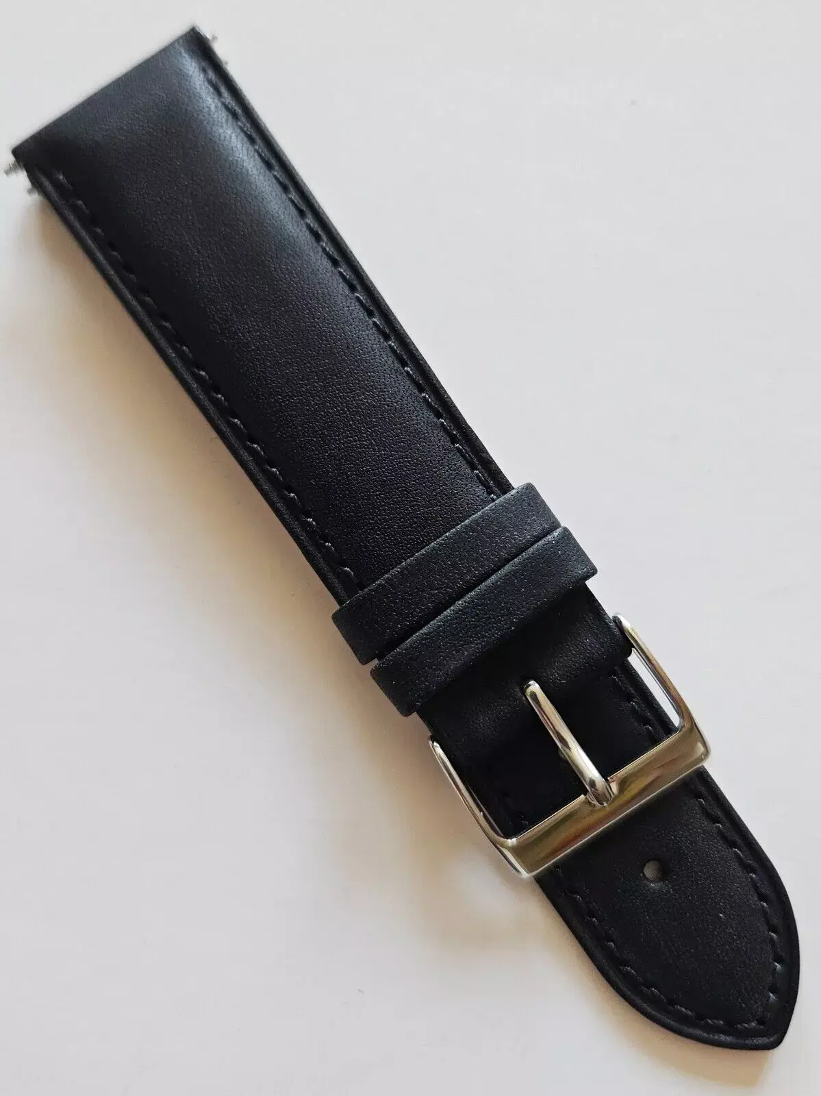 22mm - Classic Style Black Leather Watch Band - ( Sliver Buckle / w pins )