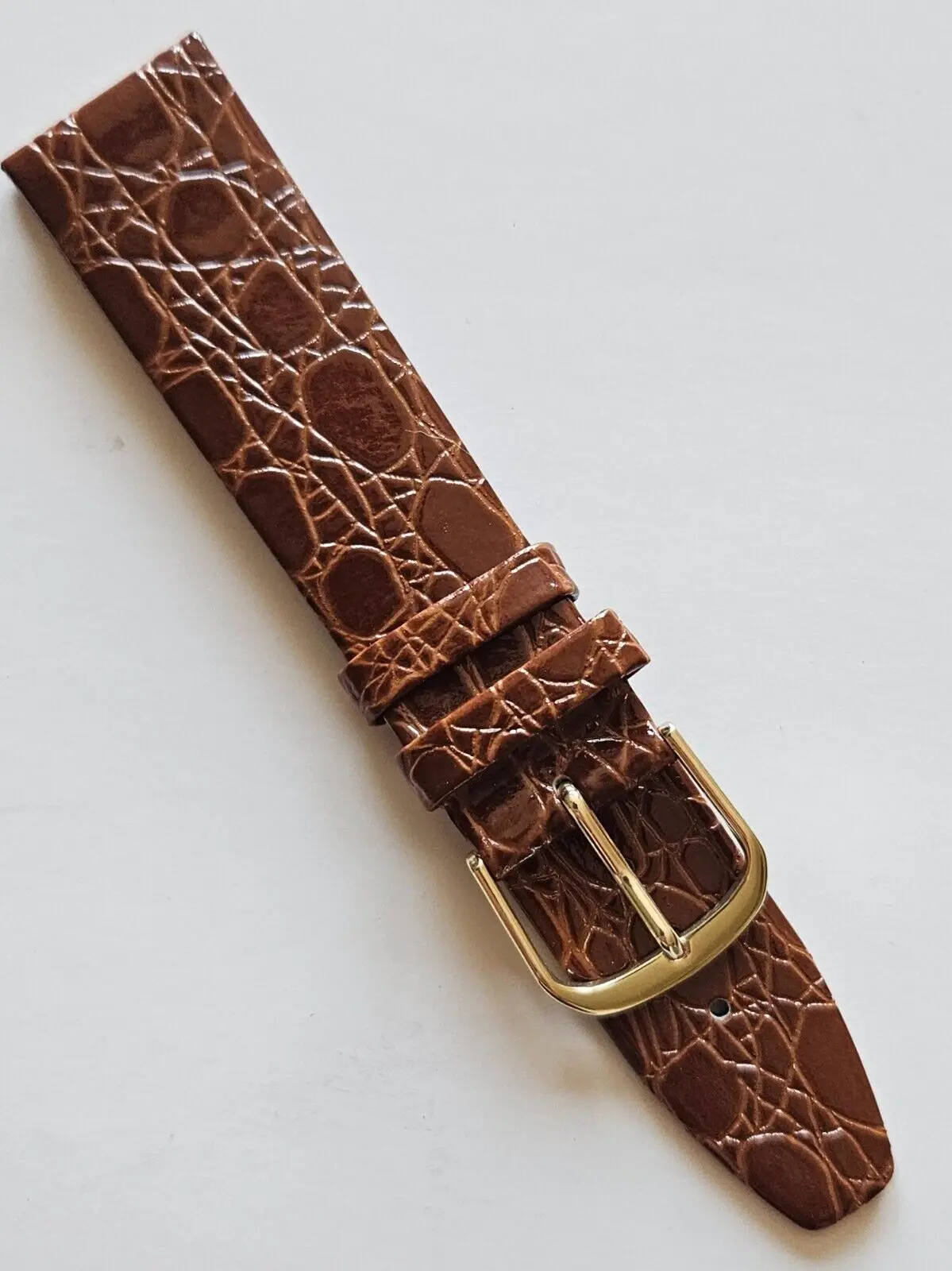 20mm - Tan Glossy Crocodile Style / Pattern Leather Watchband - Gold Buckle / B