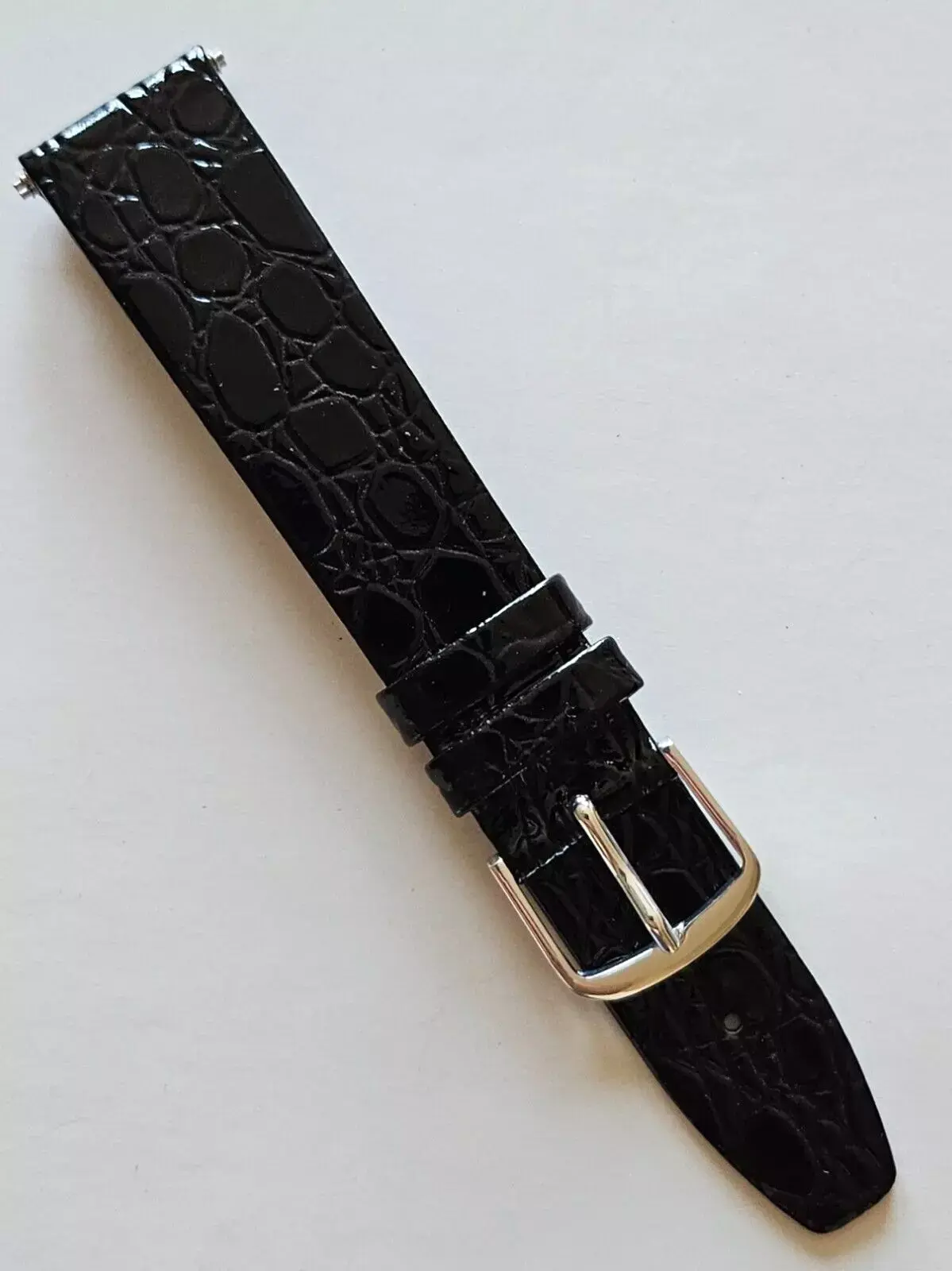 18mm - Black Glossy Leather Watch Band - Silver Buckle / Pins Included (#33)