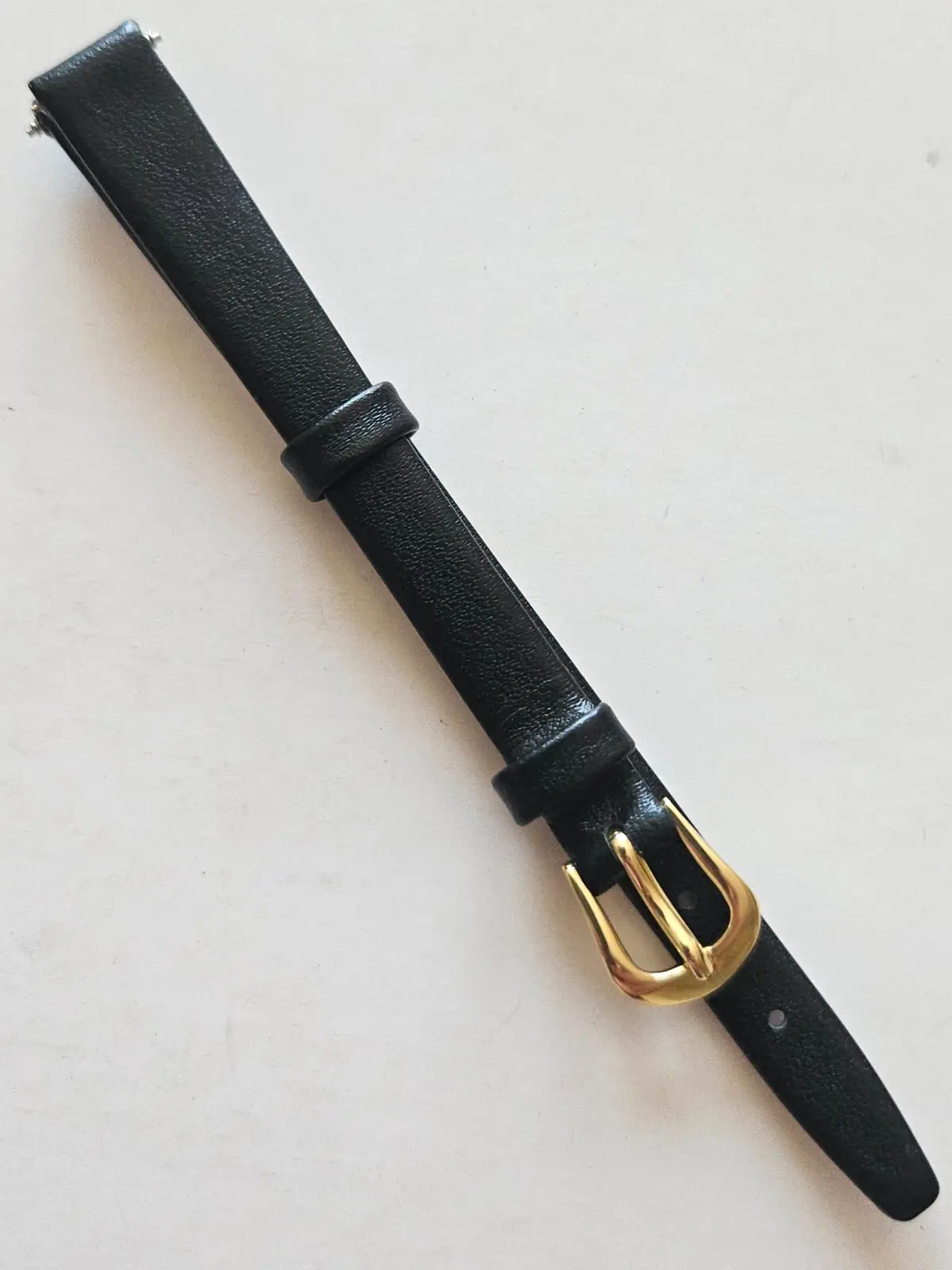 10mm / Long - Black Genuine Leather Watch Band - ( Gold Buckle / w Pins )