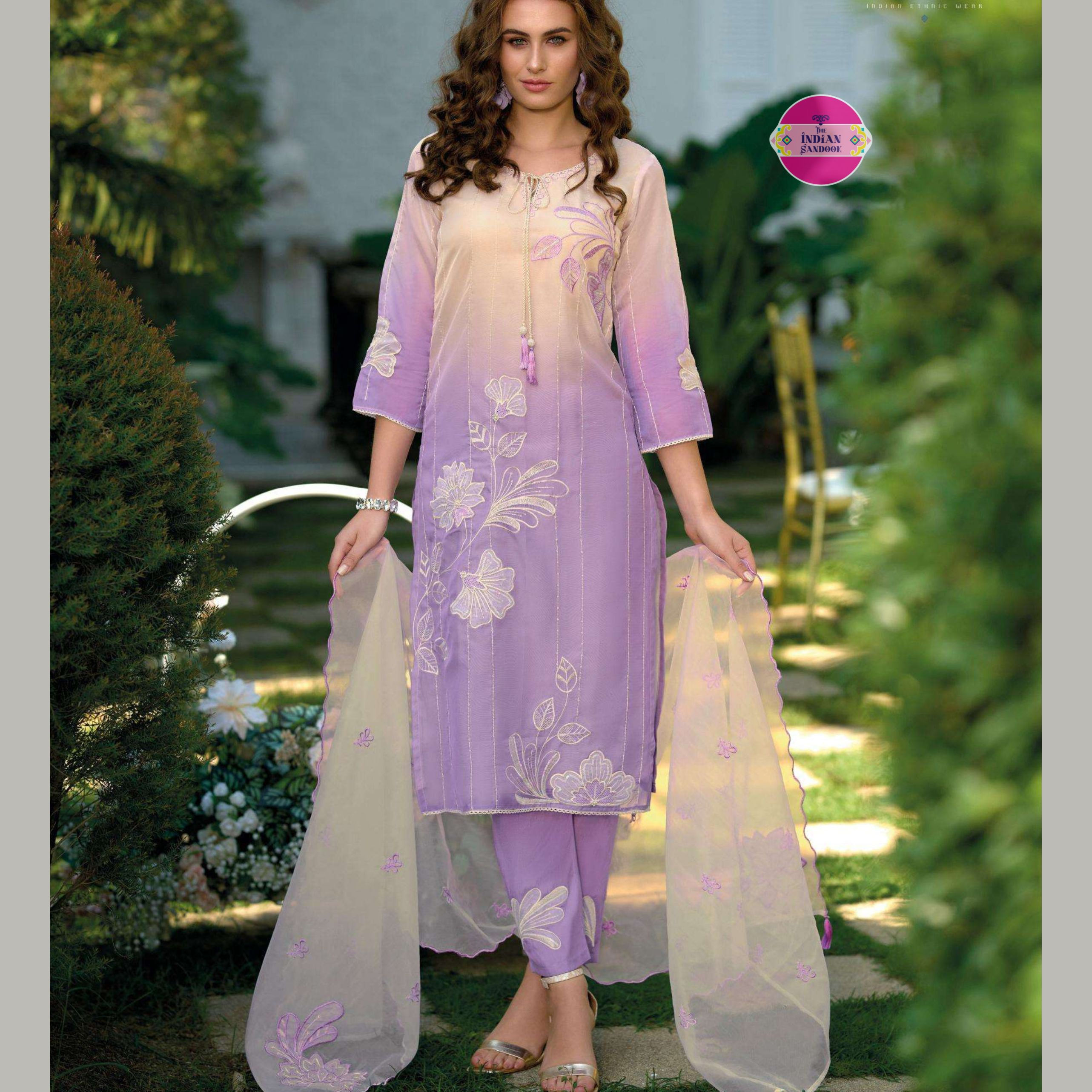 Lavender Pure Cotton Hand Work Fancy Suit