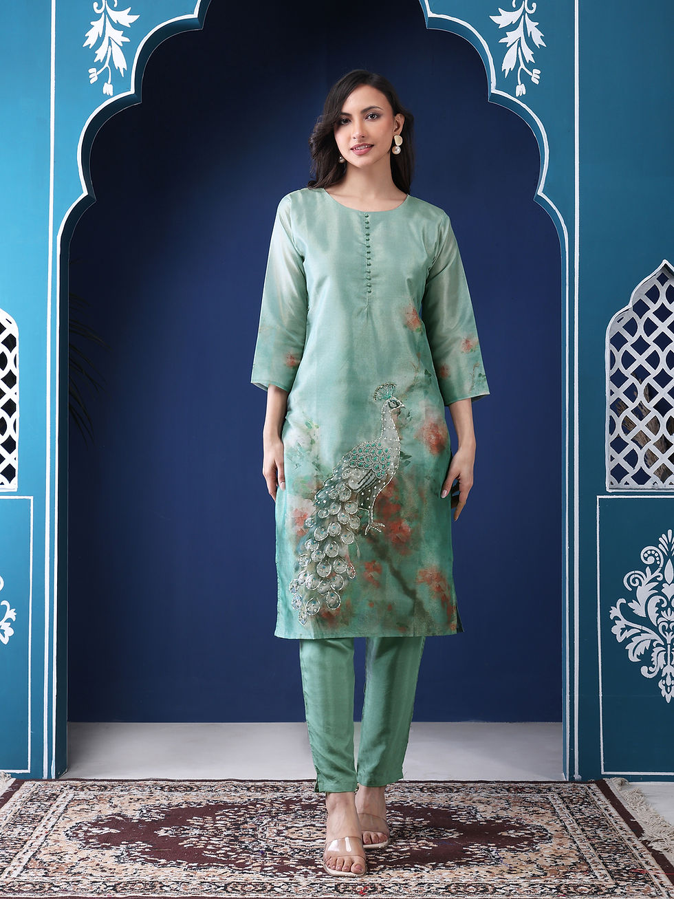 Thumbnail: Peacock Plume Blendid Silk Suit