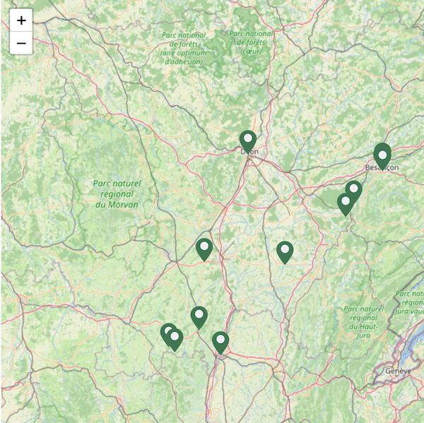 Cliquez sur cette image pour agrandir la carte géographique. Lieux de pratique du Feldenkrais en région "Bourgogne & Franche-Comté"