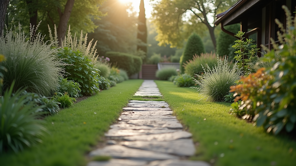 Eye-level view of a serene garden with a stone pathway