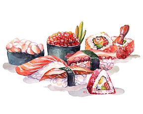 日本食品卷和寿司插图水彩-白色背景中突显的日本料理卷和寿司水彩插图-215511892.jpg