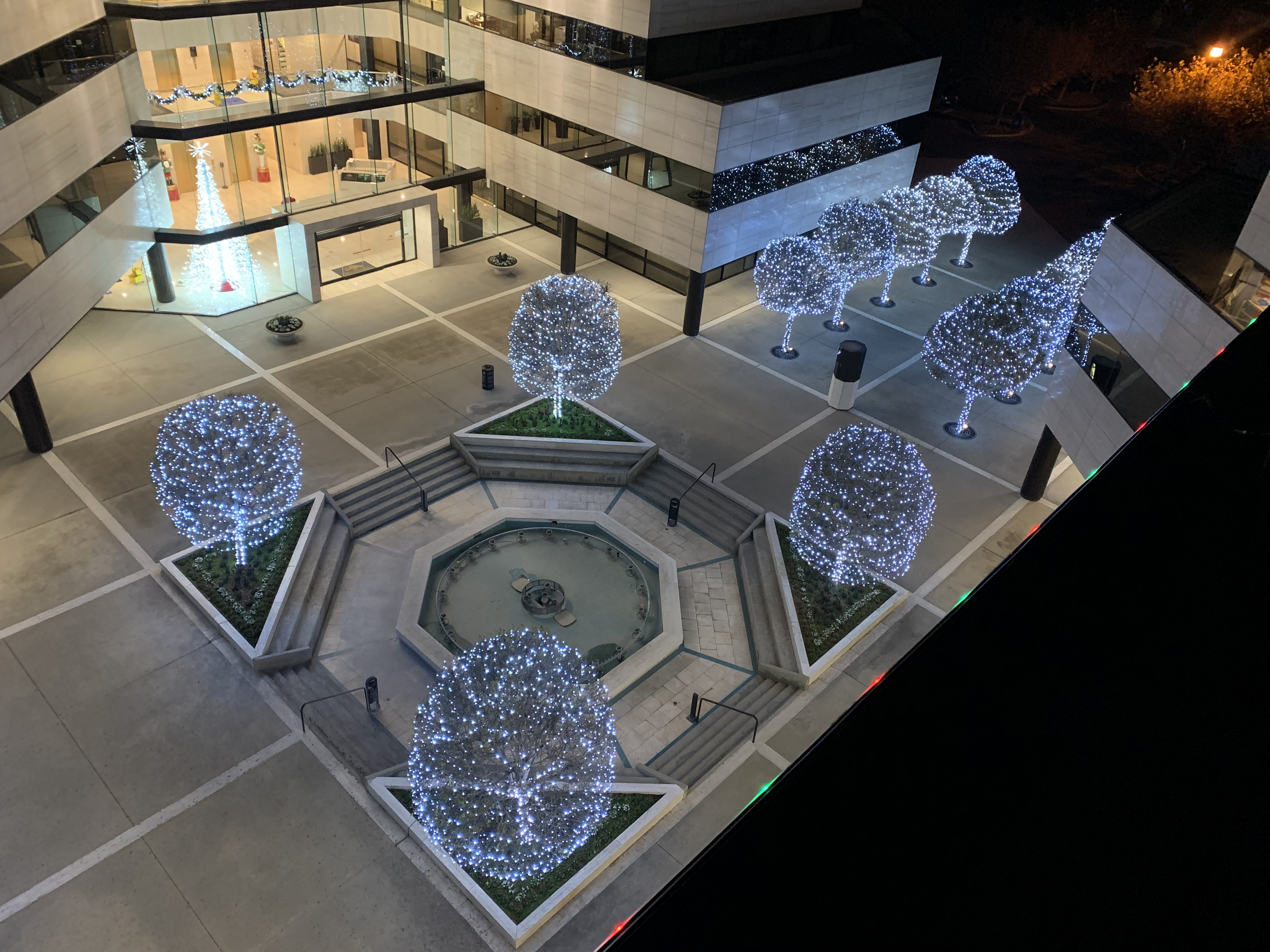 Plaza with lit sphere sculptures