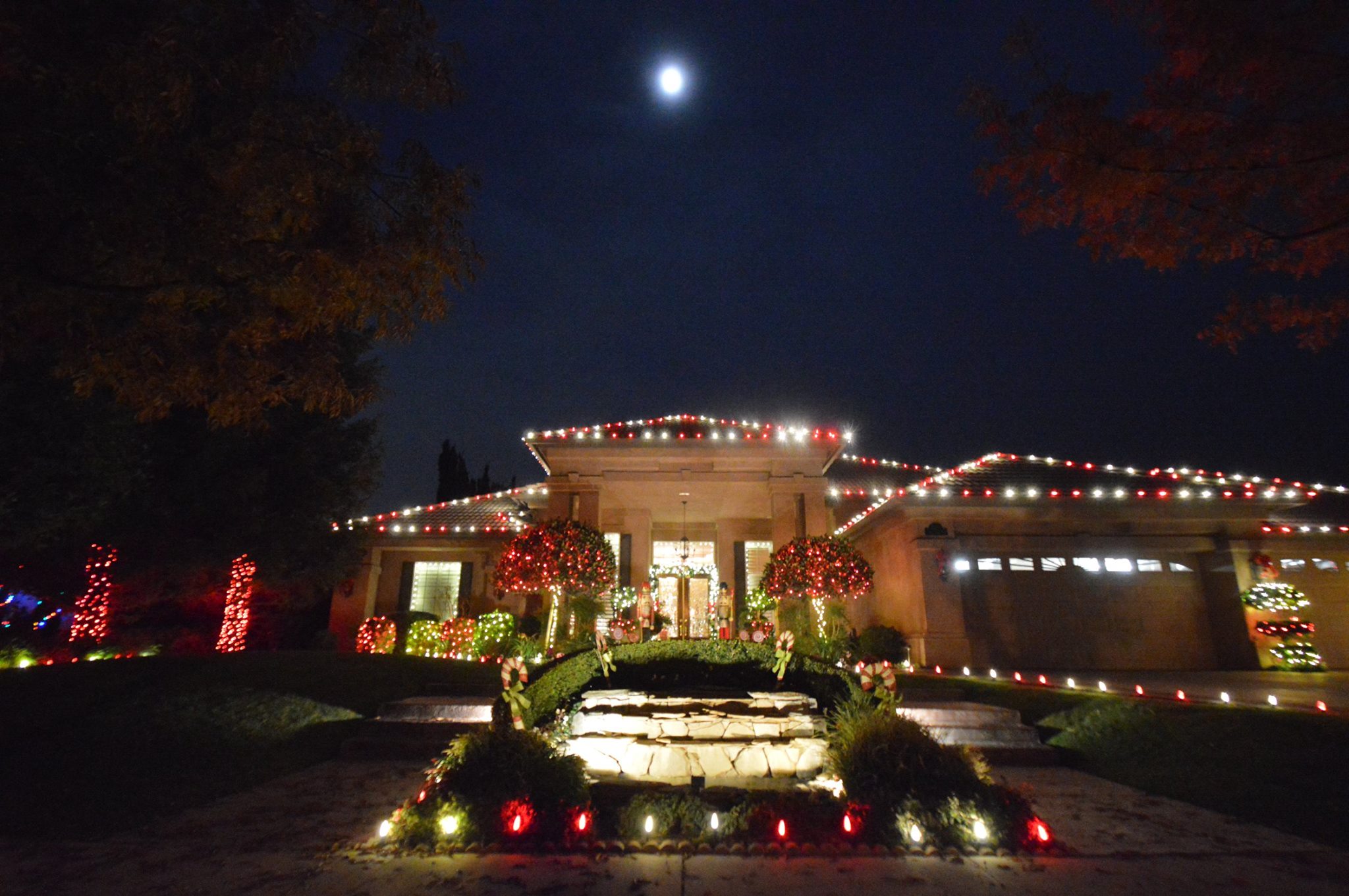 Candy-cane Christmas lights on a Bakersfield home