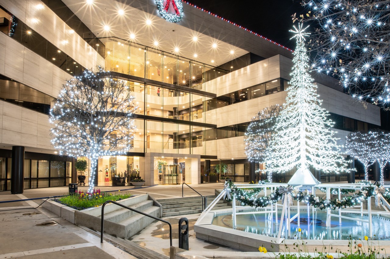 Office courtyard with crystal trees at Fig Garden Financial Center in Fresno