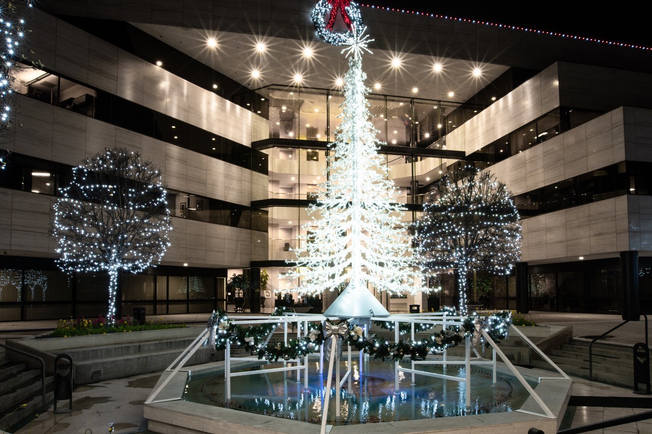Lit crystal branch tree at Fig Garden Financial Center in Fresno