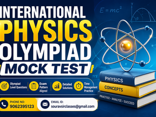 International Physics Olympiad mock test banner featuring advanced physics equations, conceptual diagrams, and a clean academic design. The visual highlights competitive exam preparation with a professional layout, vibrant yet eye-soothing colors, and clear typography. Ideal for attracting students and guardians interested in high-level physics practice, Olympiad training, and concept mastery through structured mock examinations.